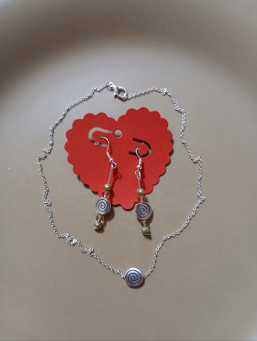 Silver Spiral Pendant Necklace and Green Bead Drop Earrings Set